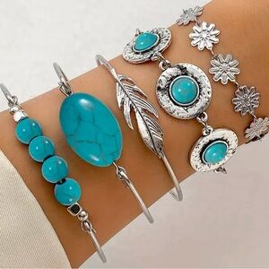NEW Silver & Turquoise Stacking Bracelet Set